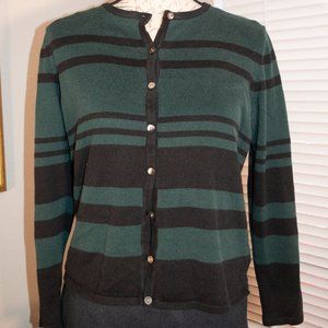 Vintage Liz Baker Striped Green and Black Button Up Petite Medium Cardigan